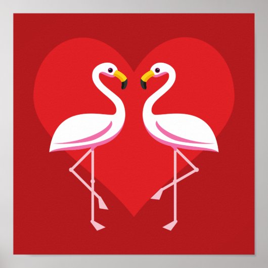Cute White roze flamingos met rood hart Poster (Voorkant)