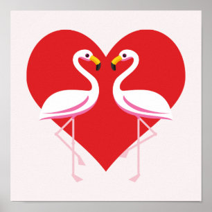 Cute White roze flamingos met rood hart Poster