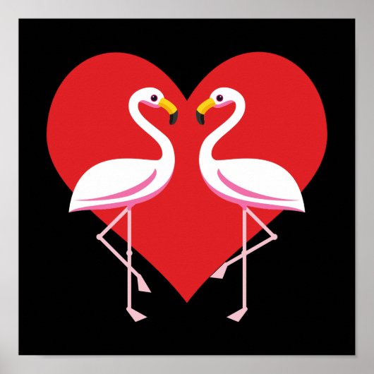 Cute White roze flamingos met rood hart Poster (Voorkant)