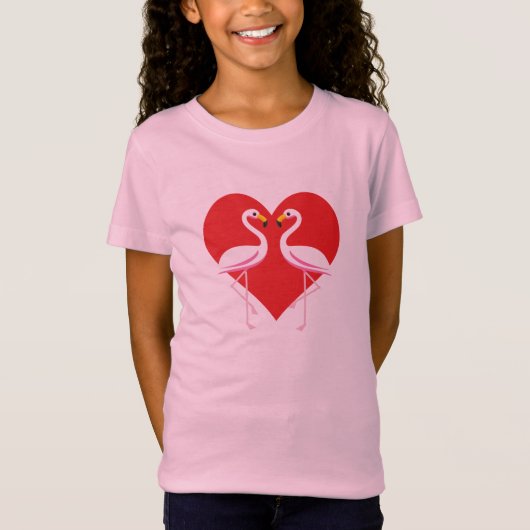 Cute White roze flamingos met rood hart T-shirt (Voorkant)