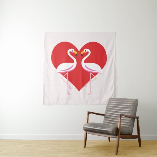 Cute White roze flamingos met rood hart Wandkleed (In situ)