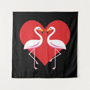 Cute White roze flamingos met rood hart Wandkleed