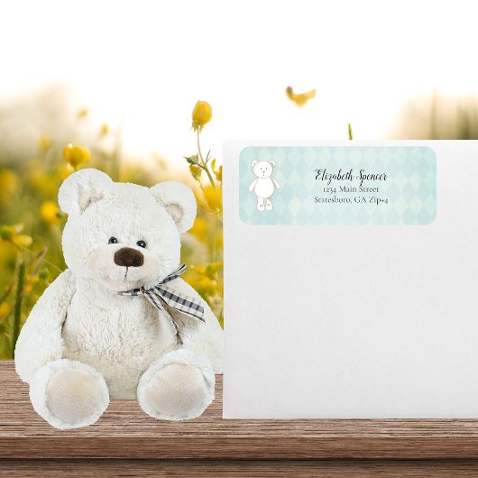 Cute White Teddy Bear Return Address | Aqua Blue Etiket