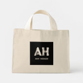 CUTE WHITE TWO LETTER MONOGRAM NAME NATURAL BLACK MINI TOTE BAG (Achterkant)