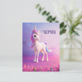 Cute White Unicorn met roze en blauwe mane Briefkaart (Staand voorkant)