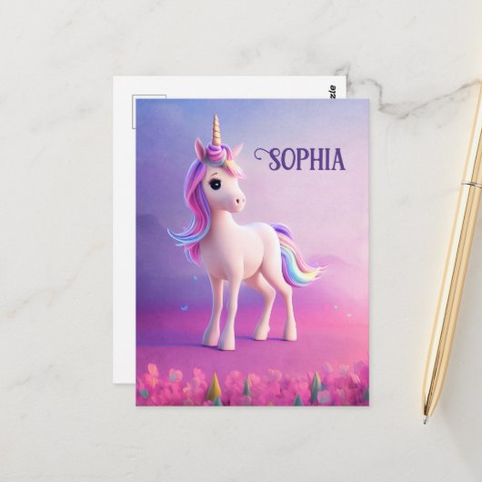 Cute White Unicorn met roze en blauwe mane Briefkaart (Voorkant / Achterkant in situ)