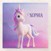 Cute White Unicorn met roze en blauwe mane Glazen Onderzetter (Voorkant)