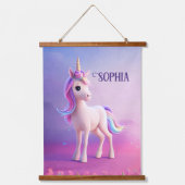 Cute White Unicorn met roze en blauwe mane Hangend Wandkleed (Voorkant)