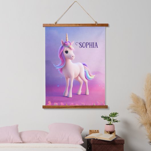 Cute White Unicorn met roze en blauwe mane Hangend Wandkleed (Slaapkamer)