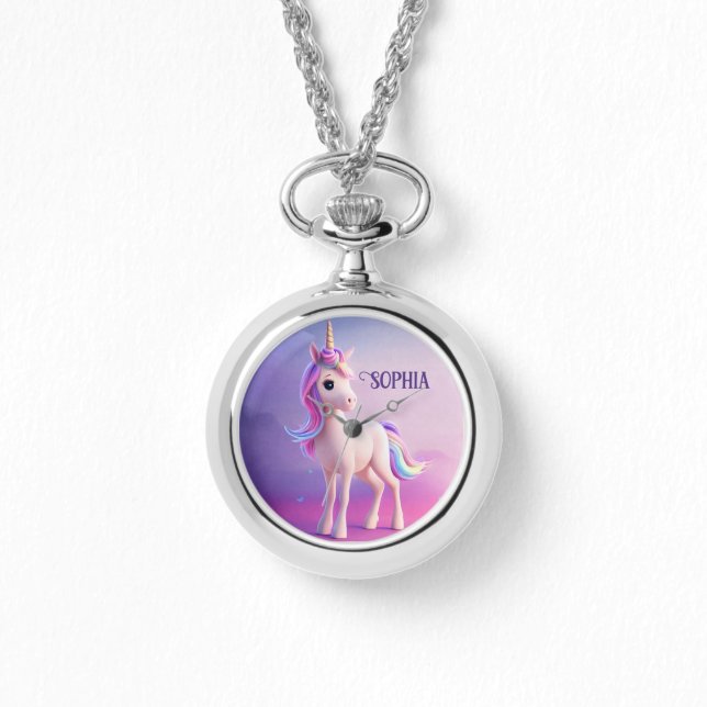 Cute White Unicorn met roze en blauwe mane Horloge (Voorkant)