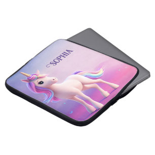 Cute White Unicorn met roze en blauwe mane Laptop Sleeve