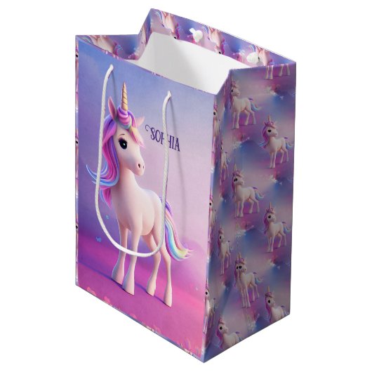 Cute White Unicorn met roze en blauwe mane Medium Cadeauzakje (Voorkant Gekanteld)