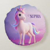 Cute White Unicorn met roze en blauwe mane Rond Kussen (Achterkant)