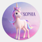 Cute White Unicorn met roze en blauwe mane Ronde Sticker (Voorkant)