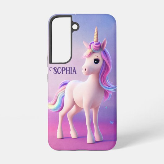 Cute White Unicorn met roze en blauwe mane Samsung Galaxy Hoesje (Achterkant)