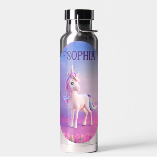 Cute White Unicorn met roze en blauwe mane Waterfles (Links)