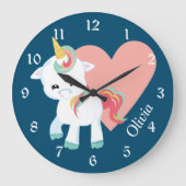 Cute White Unicorn roze Heart Personalized Nursery Grote Klok (Voorkant)