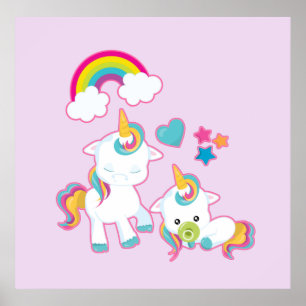 Cute White Unicorns Magical Mama & Baby Poster