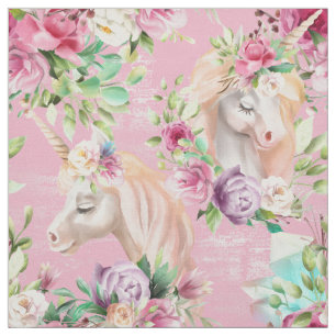 Cute White Unicorns roze Cream Waterverf Flowers Stof