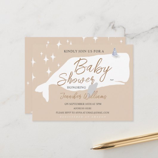 Cute White Whale Baby shower Beige Invitation Briefkaart (Voorkant / Achterkant in situ)