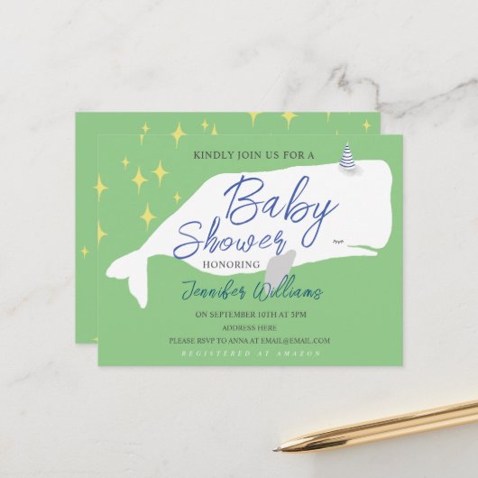 Cute White Whale Baby shower Invitation Briefkaart (Voorkant / Achterkant in situ)