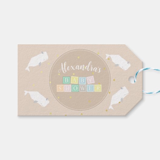 Cute White Whale Baby shower Neutral Beige Cadeaulabel (Voorkant (Horizontaal))