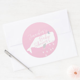 Cute White Whale Girl Baby shower Roze Ronde Sticker