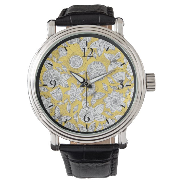 Cute white yellow floral abstract design horloge (Voorkant)