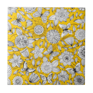 Cute white yellow floral abstract design tegeltje