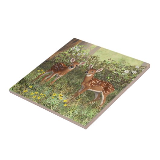 Cute Whitetail Deer Twin Fawns Tegeltje (Zijkant)