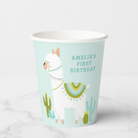 Cute Whole Llama Fun Aqua 1st Birthday Paper Papieren Bekers (Achterkant)