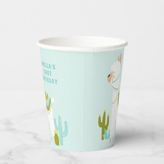 Cute Whole Llama Fun Aqua 1st Birthday Paper Papieren Bekers (Rechts)