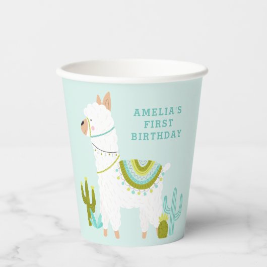Cute Whole Llama Fun Aqua 1st Birthday Paper Papieren Bekers (Voorkant)