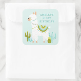 Cute Whole Llama Fun Aqua 1st Birthday Party Favor Vierkante Sticker