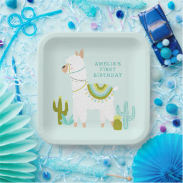Cute Whole Llama Fun Aqua 1st Birthday Party Papieren Bordje