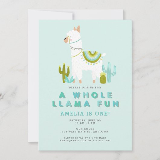 Cute Whole Llama Fun Aqua First Birthday Party Kaart (Voorkant)