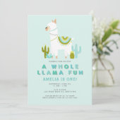 Cute Whole Llama Fun Aqua First Birthday Party Kaart (Staand voorkant)