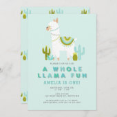 Cute Whole Llama Fun Aqua First Birthday Party Kaart (Voorkant / Achterkant)