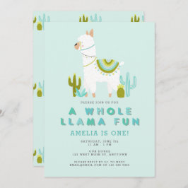 Cute Whole Llama Fun Aqua First Birthday Party Kaart