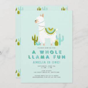 Cute Whole Llama Fun Aqua First Birthday Party Kaart