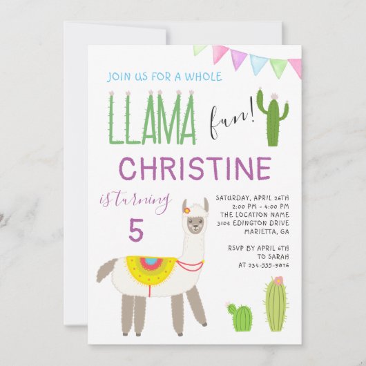 Cute Whole Llama Fun Kids Birthday Invitation Kaart (Voorkant)