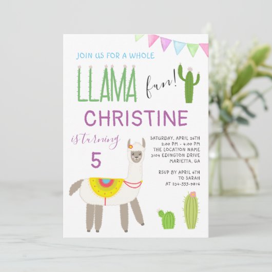 Cute Whole Llama Fun Kids Birthday Invitation Kaart (Staand voorkant)