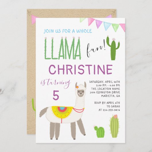 Cute Whole Llama Fun Kids Birthday Invitation Kaart (Voorkant / Achterkant)