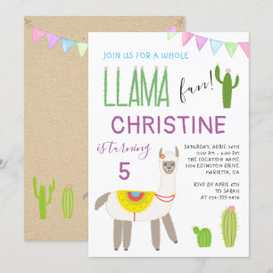 Cute Whole Llama Fun Kids Birthday Invitation Kaart