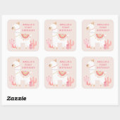 Cute Whole Llama Fun roze 1e verjaardag feest Vierkante Sticker (Vel)