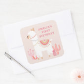 Cute Whole Llama Fun roze 1e verjaardag feest Vierkante Sticker (Envelop)