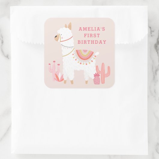 Cute Whole Llama Fun roze 1e verjaardag feest Vierkante Sticker (Tas)