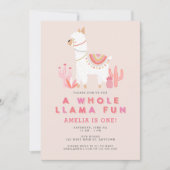 Cute Whole Llama Fun roze First Birthday Party Kaart (Voorkant)