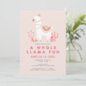 Cute Whole Llama Fun roze First Birthday Party Kaart (Staand voorkant)