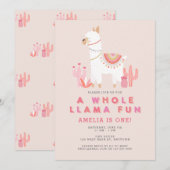 Cute Whole Llama Fun roze First Birthday Party Kaart (Voorkant / Achterkant)